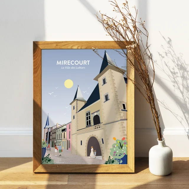 Dried white statice flower in a white vase by an empty wooden frame on a wooden floor